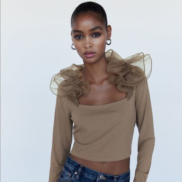 Zara Tops - Zara Organza Shirt  Ruffles S NWT Light Brown